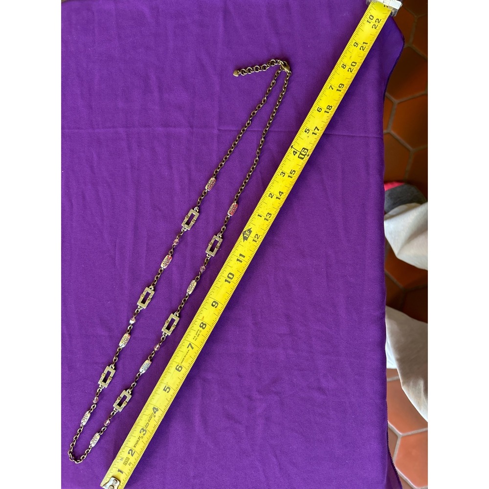 Brighton Long Link Necklace Brass Tone Pink Crystal Engraved Stations 40" 2"